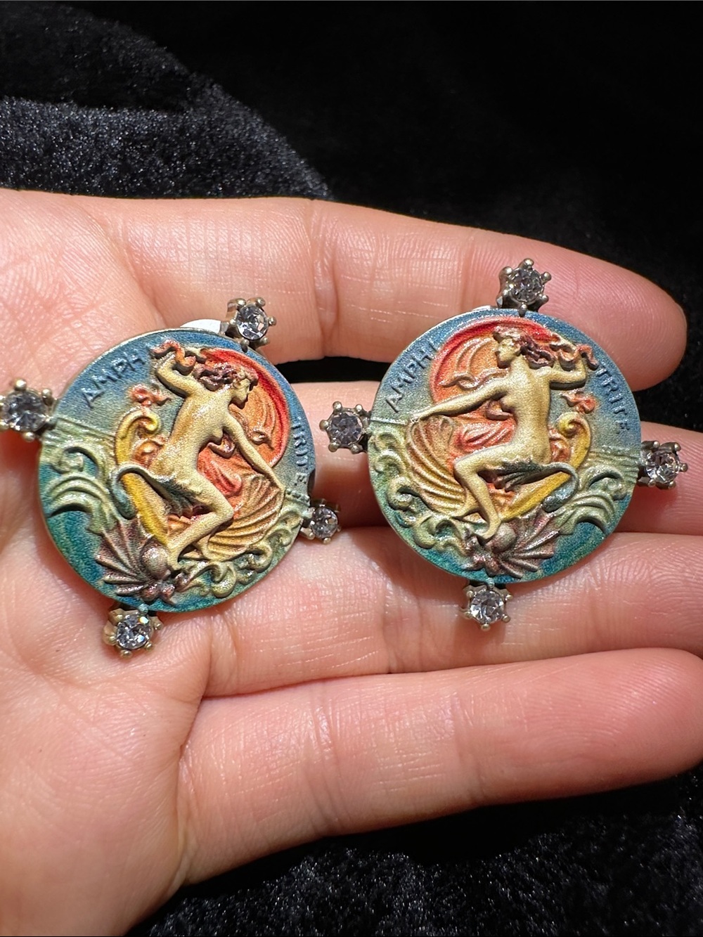 Vintage Art Nouveau Goddess Cameo Earrings Enamel Rhinestone Statement